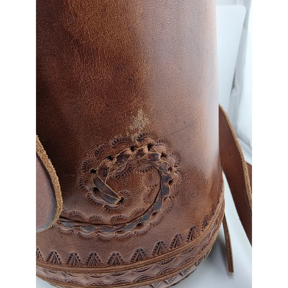 Vintage handcrafted Cowhide Leather Crossbody Bag Boho Tooled Cylinder Design - Picture 8 of 9